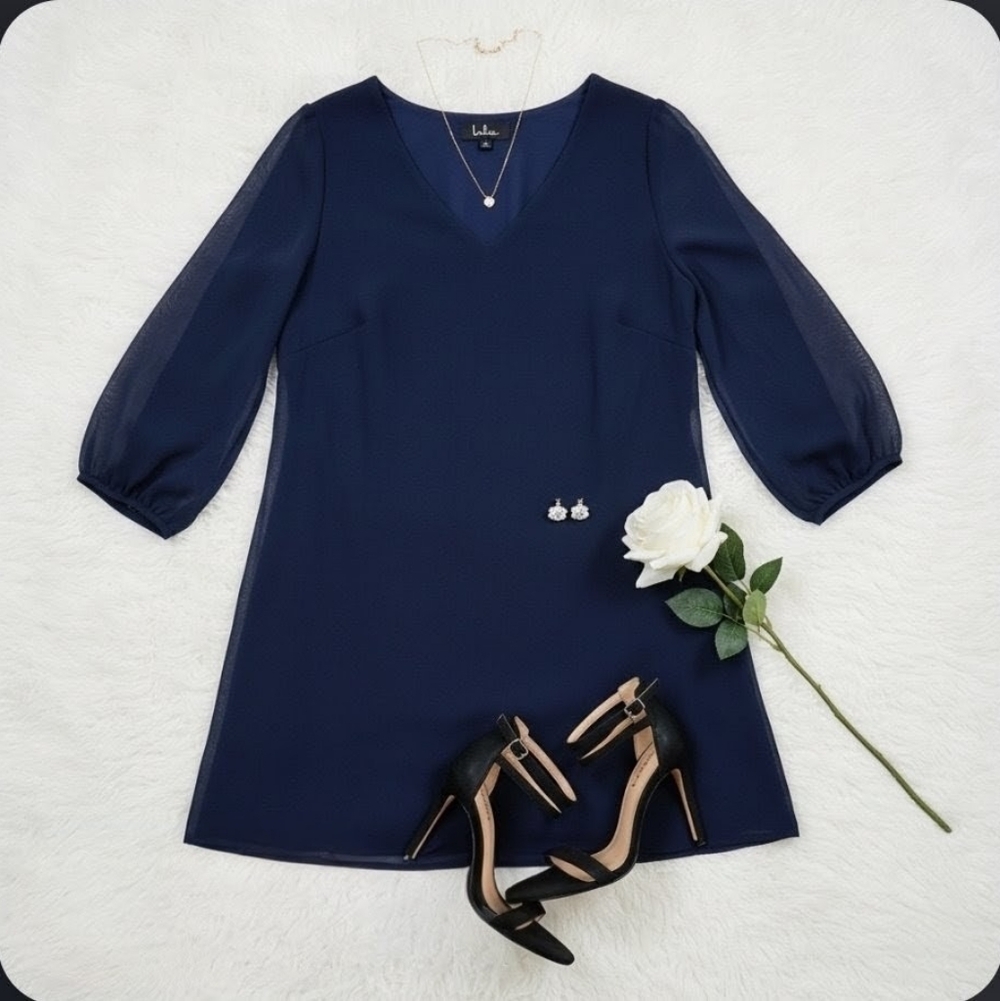 Lulus Shifting Dears Navy Blue Long Sleeve Dress Size L
